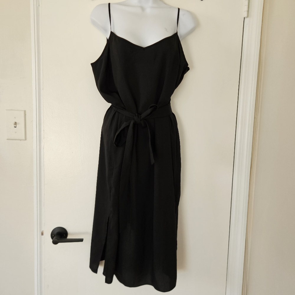 Ann Taylor Petite Womens Dress LP Slip Black Belted Minimalist Midi Classic LBD